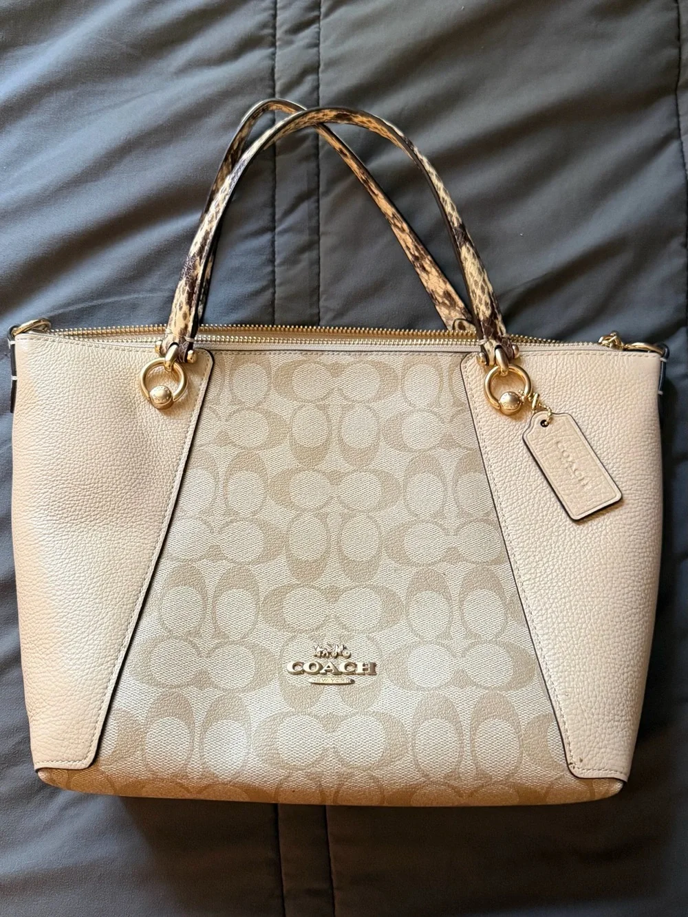 Coach Beige Signature Tote with Snake-Print Handles
